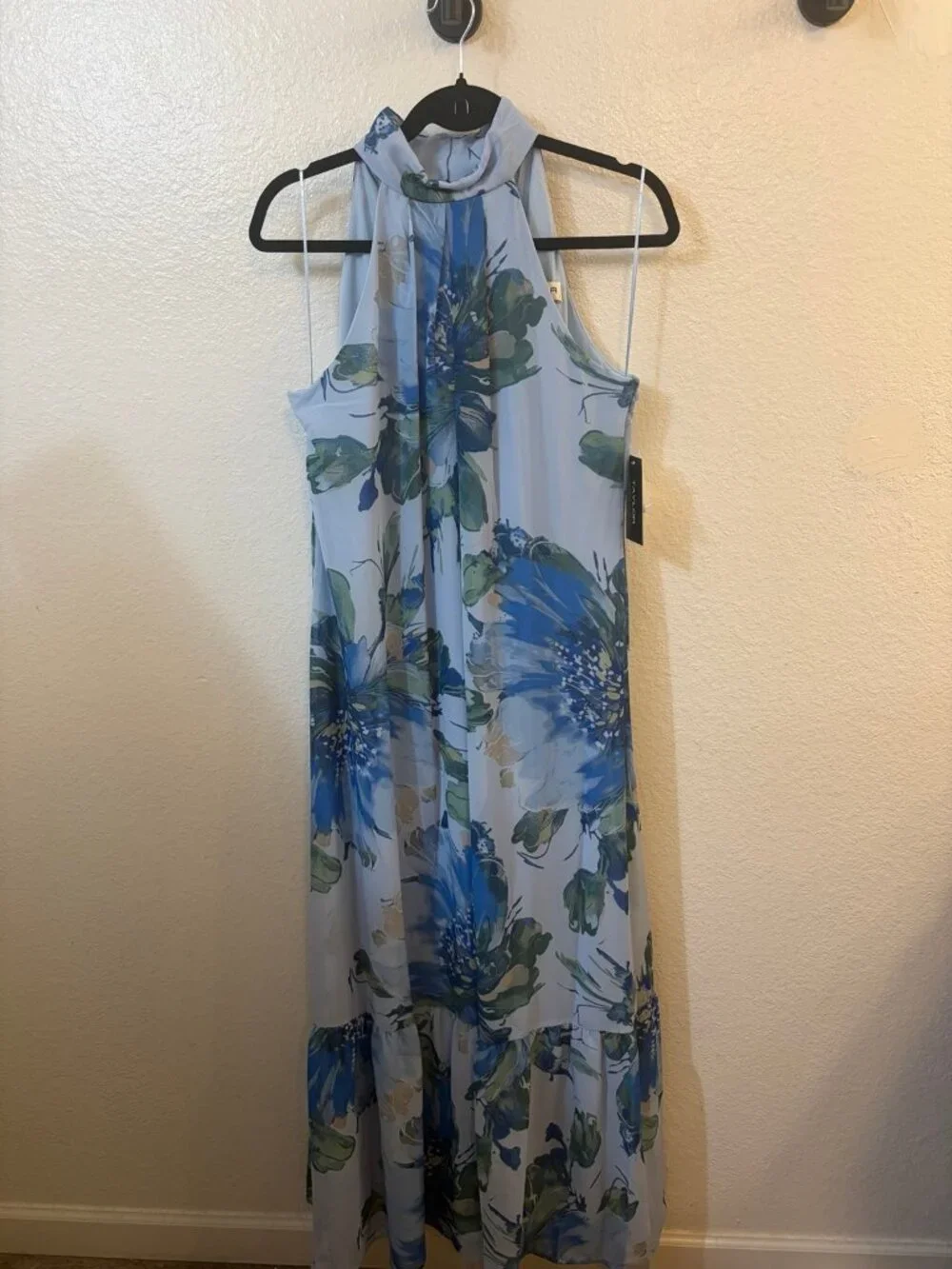 Taylor Women's Blue Floral Chiffon Halter Neck Maxi Dress – Sleeveless Ruffle He - Picture 2 of 5
